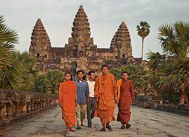 Buddhist priests in front of the huge temple complex